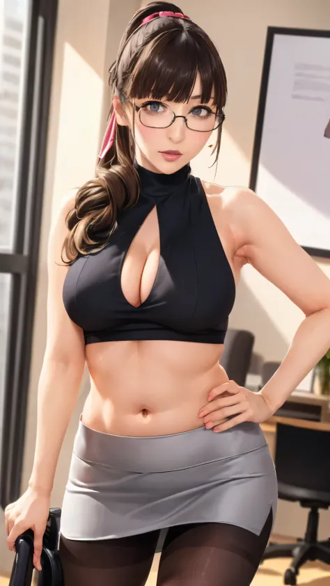 (and up to a sign with ghosts, 4K, 8K high resolution, masterpiece:1.2),  is very detailed, 1 person, Charming Beautiful Woman, (big ),(long hair),(Ponytail),((enterprise)),((works in an office)),((open your legs wide)),Sexy Vibes , Glamorous Legs, charmin...