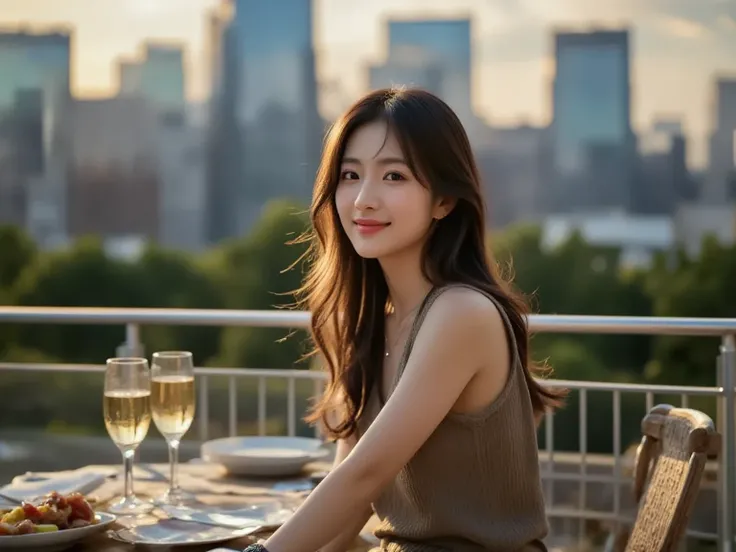 (best quality,masterpiece,high quality:1.3),a romantic dinner scene on an outdoor terrace, a japanese girl wearing a knit dress, straight long hair, softly smiling and looking toward the viewer, bright and flattering face lighting, champagne glasses and el...