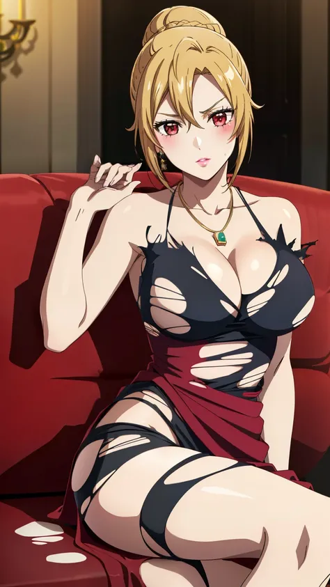 masterpiece, highest quality, anime, Angelica V4, 1 girl, alone, Braid, red eyes, (nffsw, (torn cabaret dress:1.4), (torn clothes:1.2), blushing, earrings, necklace, jewelry, pink lips, sofa, sitting on the sofa),stylish pose,looking at the viewer,in the c...
