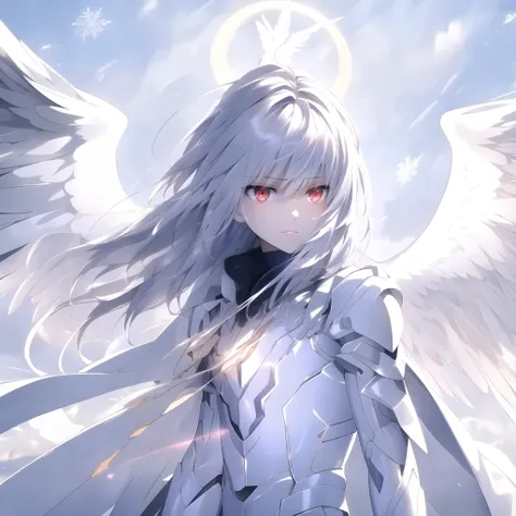  Anime couple hugging and kissing , long red scarf , Hombre en traje formal que lleva una white lab coat and platinum sobre el hombre,Red Eyes, cabello largo color platino anime angel con alas y un halo por encima de la cabeza, anime wallpapers , bíblico p...