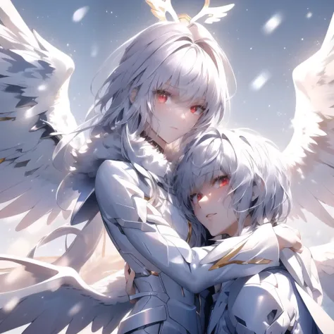  Anime couple hugging and kissing , long red scarf , Hombre en traje formal que lleva una white lab coat and platinum sobre el hombre,Red Eyes, cabello largo color platino anime angel con alas y un halo por encima de la cabeza, anime wallpapers , bíblico p...