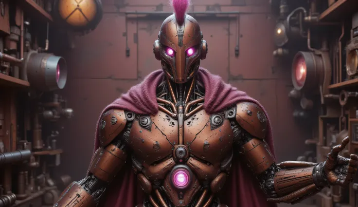 A mechanical man made of copper. A brown metal covered in scratches, made of articulated bronze plates. The robot's eyes glow with a pink light. Its head resembles a centurion's helmet, adorned with a pink brush on its head. On its right shoulder, it wears...