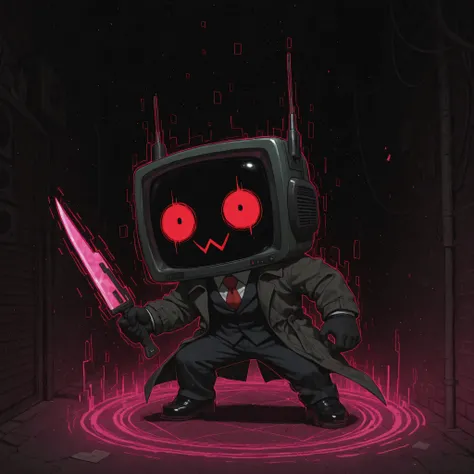 [The Horror Radio], (masterpiece, best quality:1.2), (high detail, sharp lighting), 
solo, 1boy, craze_face, radio_head, vintage television face, glowing circle eyes, glitch_face, holding a cyber blade, chibi, digital distortion, pixel fragments, static ef...