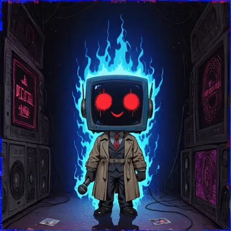 [The Horror Radio], (masterpiece, best quality:1.2), (high detail, sharp lighting), solo, 1boy, craze_face, radio_head, vintage television face, glowing circle eyes, glitch_face, (sing holding a microphone:1.2), chibi, (blue aura:1.6),  blue digital distor...