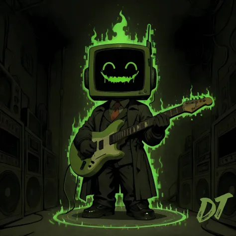 [The Horror Radio] [Voltage Demon] [Model Test], (masterpiece, best quality:1.2), (high detail, sharp lighting), 
solo, 1boy, craze_face, radio_head, vintage television face, glowing circle eyes, glitch_face, (playing and holding a electric_guitar green_au...