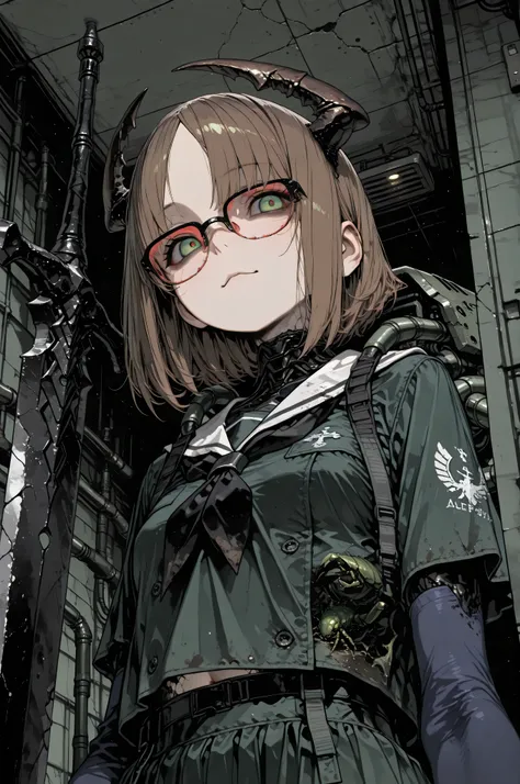(A beautiful monster girl in a dark and creepy abandoned factory), a monster created through bioengineering and genetic modification, very cute face, green eyes, brown bob hair, parted bangs, red-rimmed glasses, healthy skin tone, small natural breasts, sh...
