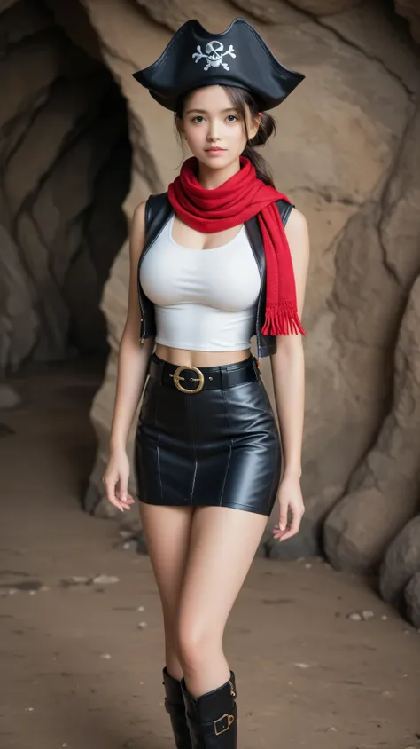 prompt: score_9, score_8_up, score_7_up, realistic, Picture , 1 Japanese High School Student Model、Babyface, beautiful hair, ( Black leather pirate hat worn on the head,  Black leather ten-gallon hat), (WRING A RED COTTON SCARF AROUND YOUR NECK:1.2), Red c...