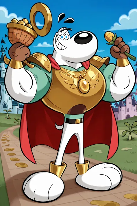 A Giant muscular dudley puppy (T.U.F.F Puppy), white dog, gigantic chin, cartoon 2d style, saturaded colors, giant size, macro size, full body, gigantic muscular body, giant castle background, Masterpiece, best quality, high quality, detailed, Dudley Puppy...