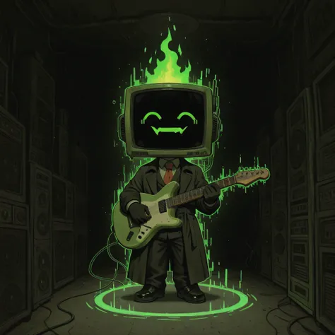 [The Horror Radio], (masterpiece, best quality:1.2), (high detail, sharp lighting), 
solo, 1boy, craze_face, radio_head, vintage television face, glowing circle eyes, glitch_face, (playing and holding a electric_guitar green_aura:1.2), chibi, blue digital ...