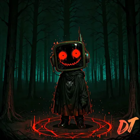 [The Horror Radio], [Eye In The Dark] [Music_Cover] [Model-Test], (masterpiece, best quality:1.2), (high detail, sharp lighting), solo, 1boy, craze_face, radio_head, glowing circle eyes, glitch_face, shadow silhouette in the dark, horror setting, chibi, we...