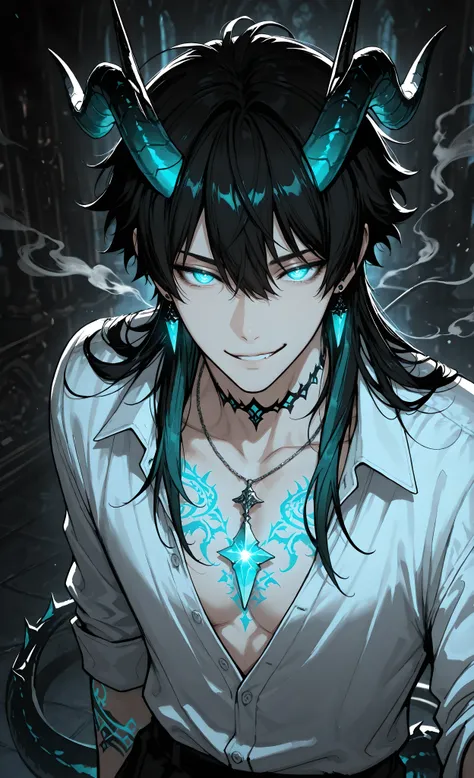 (masterpiece, best quality, detailed eyes, 8k),(anime style, dark fantasy, gothic aesthetic, male focus, detailed illustration, glowing effects, horns, tattoos, intricate details, jewelry, tail, supernatural, mysterious atmosphere, cinematic lighting, clos...