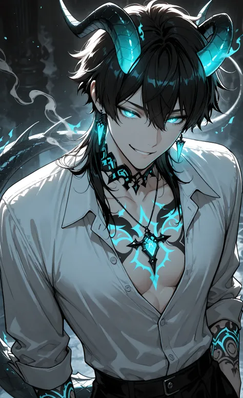 (masterpiece, best quality, detailed eyes, 8k),(anime style, dark fantasy, gothic aesthetic, male focus, detailed illustration, glowing effects, horns, tattoos, intricate details, jewelry, tail, supernatural, mysterious atmosphere, cinematic lighting, clos...