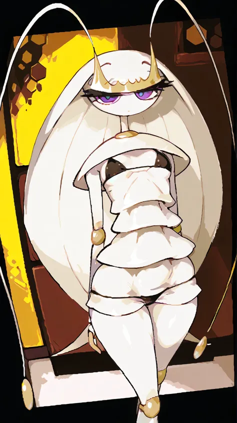 ((Pheromosa from Pokemon)), White Body, BAR Background,small Breasts, Wide Hips, Thin Waist, Very Thin Waist, ((Wasp Waist)), Solo, Aerial View, vibrant colors, cel shading, Simplistic Art Style, solo,black Micro bikini ,look at viewer 