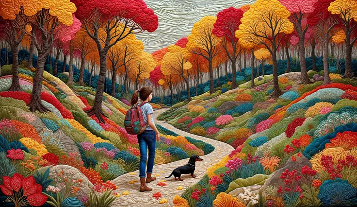 a girl with her dog taking a walk through the trees in autumn, leaves fly with the wind, she walks with her dog dachshund, she wears jeans and a t-shirt, DESIGN STYLE WITH A BACKPACK ON THE BACK. 