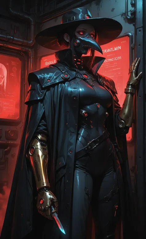 (masterpiece, best quality, ultra detailed, 8k, cinematic lighting, dark cyberpunk atmosphere:1.3),
low angle shot of beautiful female cybernetic plague doctor with iconic beaked mask and glowing crimson lenses, wearing tattered dark leather coat with met...