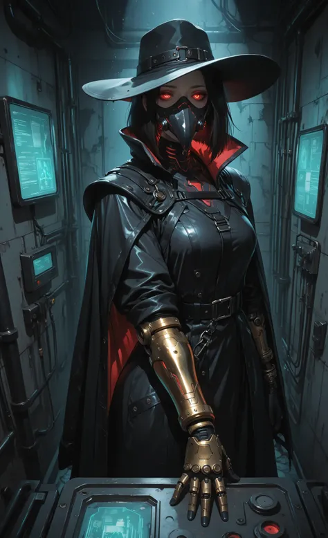 (masterpiece, best quality, ultra detailed, 8k, cinematic lighting, dark cyberpunk atmosphere:1.3),
1 beautiful woman, female cybernetic plague doctor, wearing tattered dark leather coat with metallic accents, iconic beaked mask with glowing crimson lense...