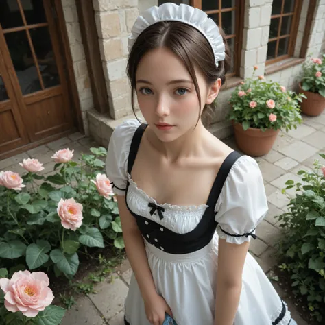 1 Girl、maids,watch viewers,(skinny:0.64),(younger:0.60),from above,slouching forward,(big boobs:-0.38),is watering flowers outside the mansion,japanese,(Smile Yang:0.24),black lace stockings