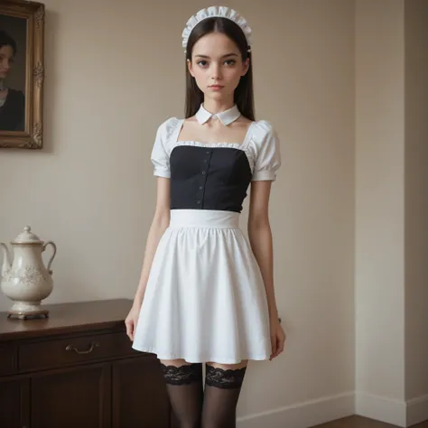 1 Girl、maids,At work,slouching forward,black lace stockings,watch viewers,(Smile Yang:0.5), (younger:1.2),(skinny:1.3),japanese,How big are breasts々