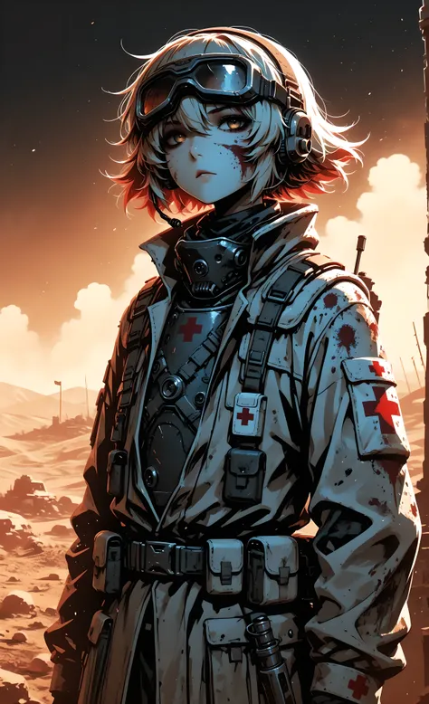 A post-apocalyptic medic, part human part scrap-metal, using salvaged tech to heal a wounded scavenger in a dusty wasteland. Mad Max meets cutting-edge prosthetics, high contrast, desaturated colors.