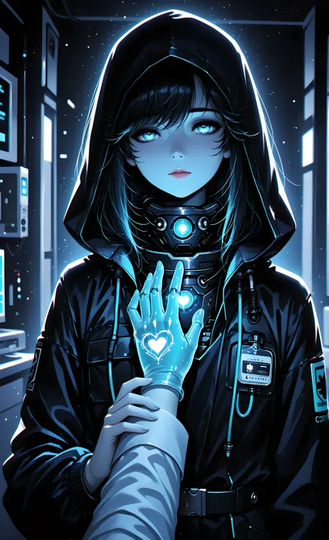 A cybernetic doctor holds a human heart in one hand and a glowing cybernetic core in the other, facing a moral choice. The patient lies between them, half-flesh, half-machine. Dramatic chiaroscuro, symbolic.