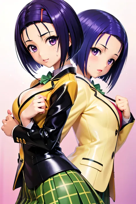 perfect anatomy　top quality,highest resolution,(((shiny latex yellow uniform　blazer　shiny checked green skirt　Shiny Purple Hair　short hair　sweat　shiny skin)))　Tolove　Haruna Sairenji