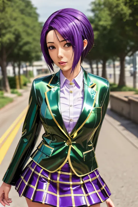 perfect anatomy　top quality,highest resolution,(((shiny latex yellow uniform　blazer　shiny checked green skirt　Shiny Purple Hair　short hair　sweat　shiny skin)))　Tolove　Haruna Sairenji