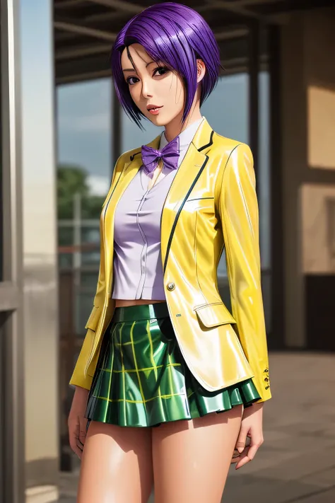 perfect anatomy　top quality,highest resolution,(((shiny latex yellow uniform　blazer　shiny checked green skirt　Shiny Purple Hair　short hair　sweat　shiny skin)))　Tolove　Haruna Sairenji