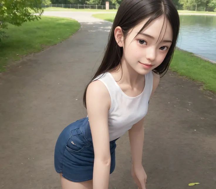 ((and up to a sign with ghosts)), ((PHOTO QUALITY)), (detail), perfect face，11 years old ,was taken at the park,(smile:0.7),Cute Girl,(skinny:1.5),(Slim:1.5),(Toddler_body:1.2),Small buttocks:1.5,thin legs,is escorted by,turns around and smiles,Hot summer ...