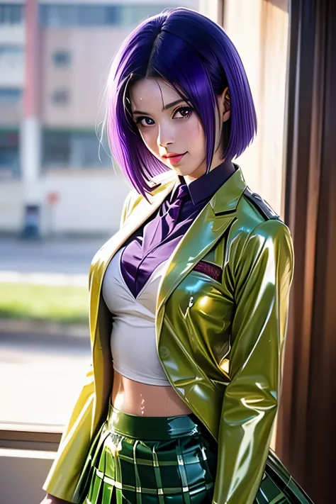 perfect anatomy　top quality,highest resolution,(((shiny latex yellow uniform　blazer　shiny checked green skirt　Shiny Purple Hair　short hair　sweat　shiny skin)))　Tolove　Haruna Sairenji
