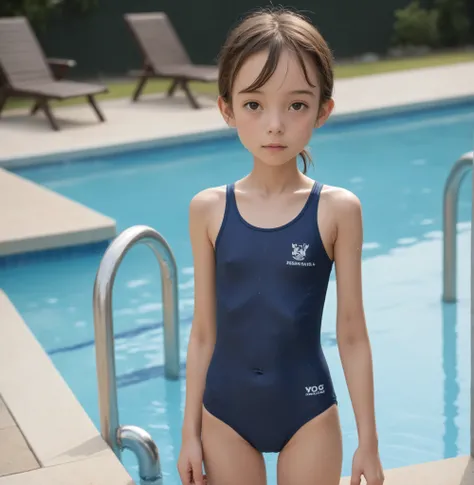 realistic:1.5, 日本のyounger女の子,She is wearing a Japanese style navy school swimsuit, (younger:1.5),(skinny:1.5), Slim, Small butt, small breasts:0.2,  cute face, my swimsuit is wet,  PUBLIC POOL , (thin thighs), (Toddler_body)