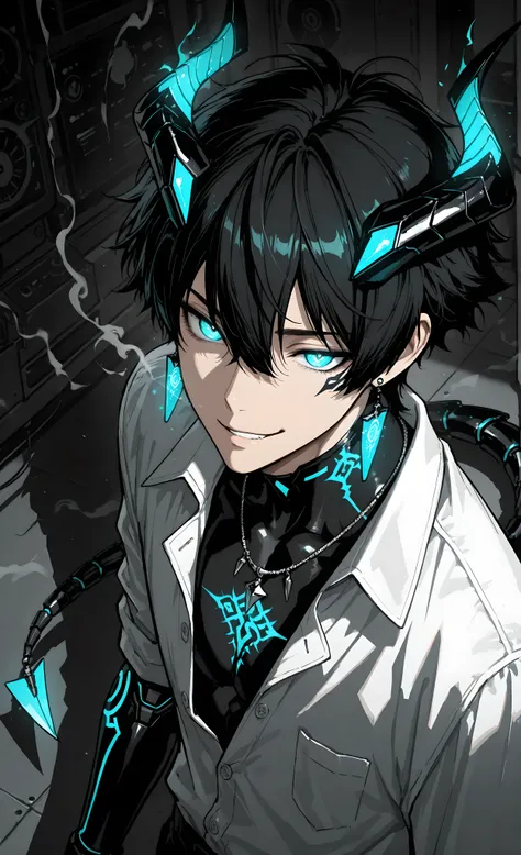 (masterpiece, best quality, best shadow, detailed eyes, 8k), (anime style, dark fantasy, gothic biomechanics), 1 handsome young man (Asian descent), male focus, detailed illustration, glowing effects, metallic horns with teal circuits, tattoos, intricate d...