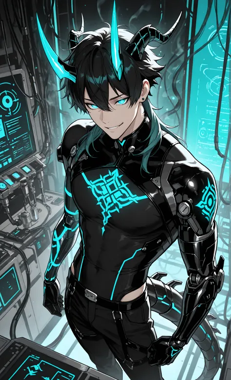 (masterpiece, best quality, ultra-detailed, 8k), anime style, dark fantasy, biomechanical aesthetic, 1 handsome young man (Asian descent), male focus, mad scientist, self-experimentation, detailed face, striking teal glowing eyes (cybernetic), dark flowing...