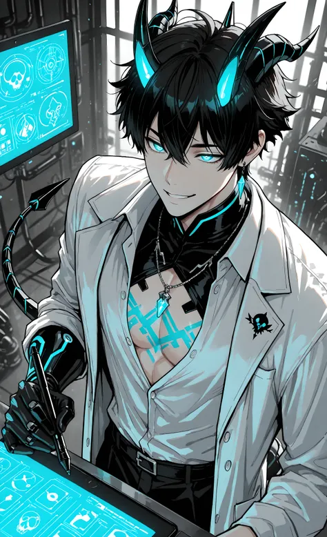 (masterpiece, best quality, detailed eyes, 8k), (anime style, dark fantasy, gothic biomechanics), 1 handsome young man (Asian descent), mad scientist, male focus, the architect of his own evolution, self-made being. He has dark flowing hair, a mischievous ...