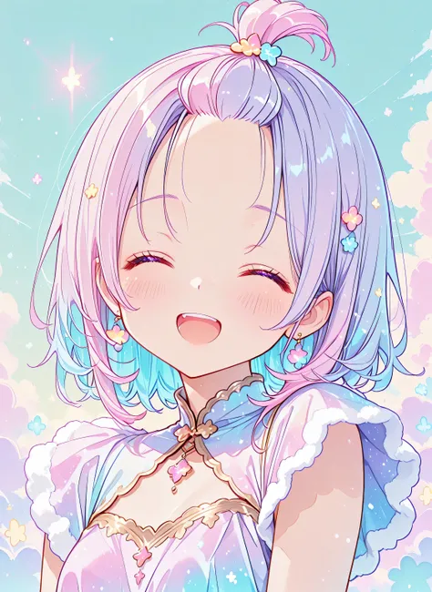 face in front of the viewer、face close-up、（ pastel eyes ）、short sideburn、(((bangs pinned back)))、Front Map、1girl、(best details、top quality、greatest masterpiece、very detailed、８k)、（colorful ）、（Laughing with Her Mouth Wide Open)、(Milky white and pastel hair c...