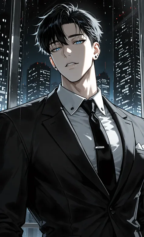 , 1 guy, One, man, His hair is black, like night, short hair, ,piercing ice eyes , blue eyes and black long lashes, an arrogant look, looks into the eye, and the air is narrow, Mafiosi, sight below вверх,Glass retina, strong muscular build, looks at the...