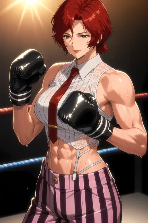 1girl, solo, young mature, VanessaKOF, red hair, short hair, toned, abs, sweating, sleeveless shirt, red necktie, black boxing gloves, striped pants, navel, red lips, light smile