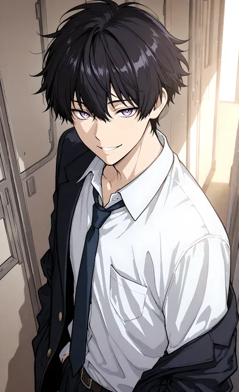 masterpiece, best quality, ultra-detailed, anime style, 1male, solo, school uniform, dark hair with white streak, hypnotic light purple eyes, leaning against school corridor wall, mysterious smile, soft natural lighting, academic setting, dual identity atm...
