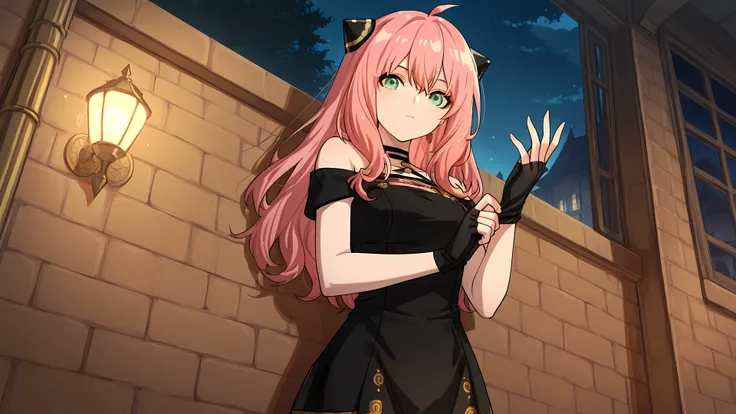 anime, 1girl, solo, zzAnya, green eyes, hair between eyes, ahoge, pink hair, long hair, hair ornament, hairpods, gold hairband, hair flower, black choker, black dress, sleeveless, off shoulder, floral print, fingerless gloves, adjusting gloves, night, low ...