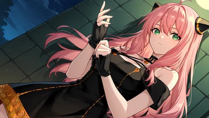 anime, 1girl, solo, zzAnya, green eyes, hair between eyes, ahoge, pink hair, long hair, hair ornament, hairpods, gold hairband, hair flower, black choker, black dress, sleeveless, off shoulder, floral print, fingerless gloves, adjusting gloves, night, low ...