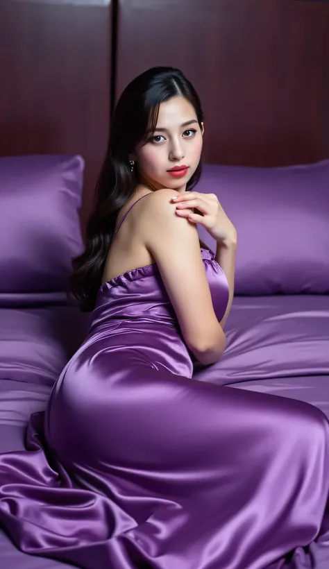 (masterpiece, high quality, high resolution, realistic photo, 4k, photography), beautiful woman lying on luxurious purple bed, looking directly at camera, wearing long purple satin nightgown that covers her chest and extends to her feet, no cleavage visibl...