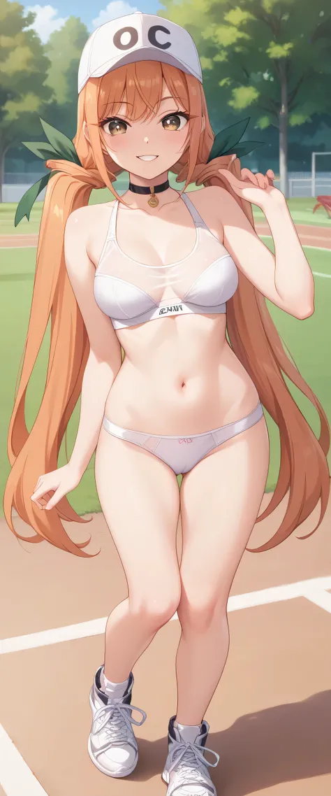 Princess, karane_inda, brown eyes, orange hair, very long hair, low twintails, green ribbon, hair ribbon, innocent face, round eyes, medium breast, thicc thigh, hourglass figure, erotic sport bra, erotic sport panties,  chocker, sneakers, sport hat, cheerf...