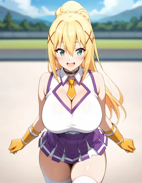 (best quality, masterpiece, ultra detailed, high resolution), Beautiful , score_9, anime style, Masterpiece, best quality, Darkness(Konosuba), blonde hair, blue-green eyes, braid, hair between eyes, high ponytail, long hair, sidelocks,red ornament x , blac...