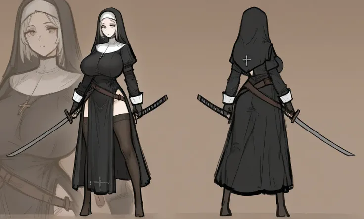 no background , delete background, layer,  sketch art,1 girl, full body,  nun, big breast, hold katana, dark fantasy,  prepare to fight, 
