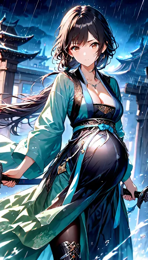 High Resolution, Best Quality, Super Detailed, Masterpiece, 4K, fortress gate, night, raining, 1girl, black hair, long hair, long ponytail, low ponytail, unadorned hair, brown eyes, medium breasts, pregnant, adult body, transparent blue hanfu, black vest, ...