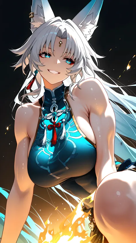 score_9,score_8_up,score_7_up,earrings, leaning to the side, sleeveless, armpits, armpit crease, bare shoulders, red eyeliner, simple background, head tilt, chest jewel, close-up, teeth, chinese clothes, forehead jewel, solo, standing, white background, pa...