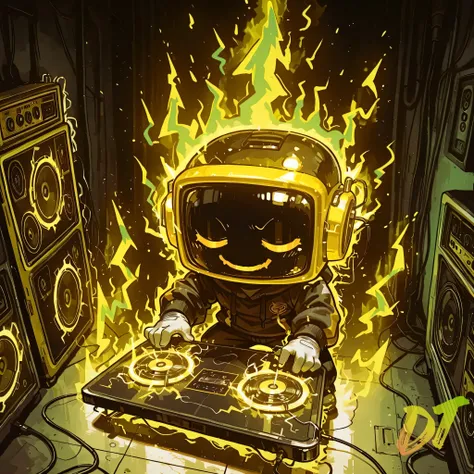 [The Horror Radio], (masterpiece, best quality:1.2), (high detail, sharp lighting), music_studio room background, solo, 1boy, craze_face, radio_head, glowing circle eyes, glitch_face, (playing music, holding music_board:1.2), chibi, (yellow_electric aura:1...