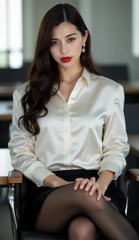 an office lady,  sitting strapping on an office chair, body facing the camera, using a tight formal shirt of white satin material,  short skirt black leggings,  payudara besar, bibir merah