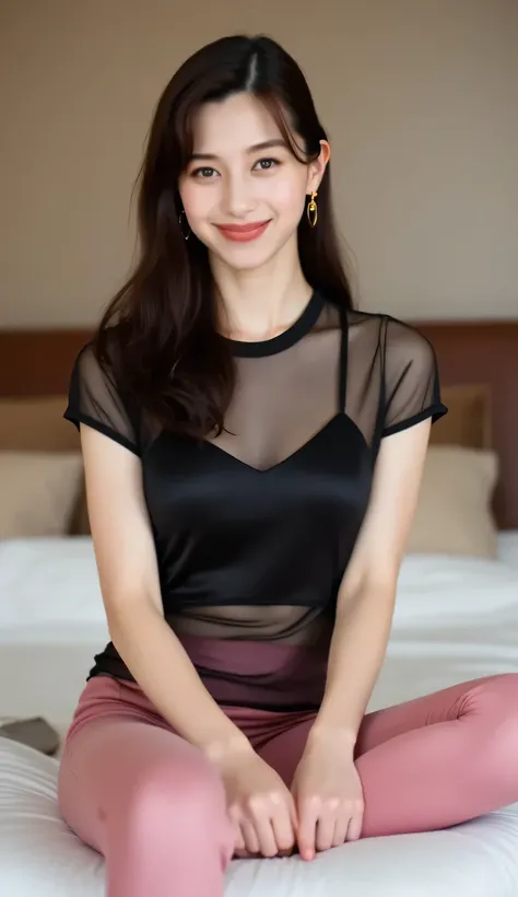 A teenage woman, sitting on a luxury bedroom mattress, body facing the camera, POV from front of body, eyes looking towards the camera, wear a transparent black sleeveless satin t-shirt, kaos transparan, short leggings in satin material pink, dada besar, l...