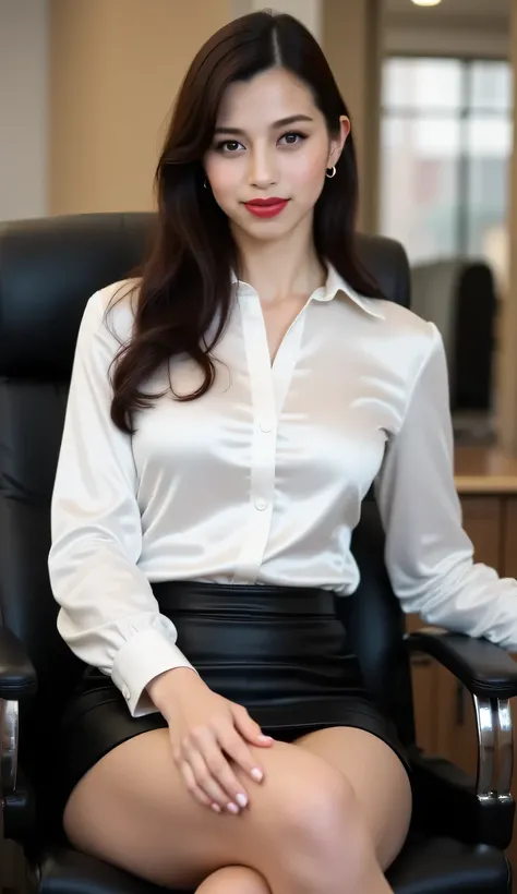 an office lady,  sitting strapping on an office chair, body facing the camera, using a tight formal shirt of white satin material,  short skirt black leggings,  payudara besar, bibir merah