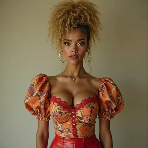 A realistic, high resolution photograph of a beautiful mulatto woman in her 20's; full body frontal view facing the camera with her arms at her side, looking at the camera. There is extra space in the photo above her head. She has a luscious, hourglass, fa...